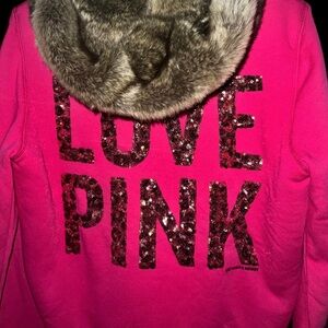 Victoria’s Secret PINK leopard Sequin-Bling Fur Hooded Jacket